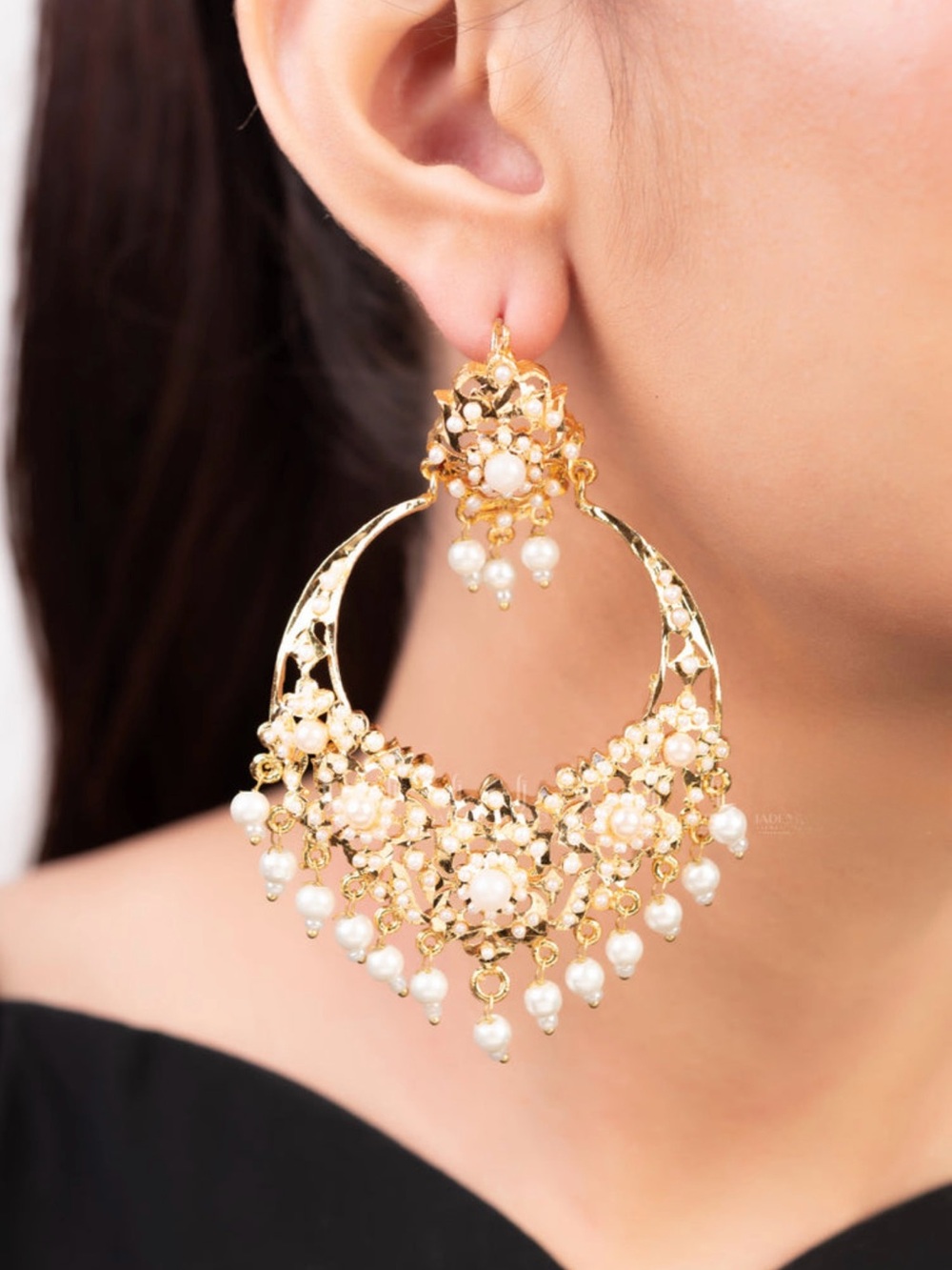 Gold Floral Pearl Drop Hoop Earrings - chand Bali Women Jewelry